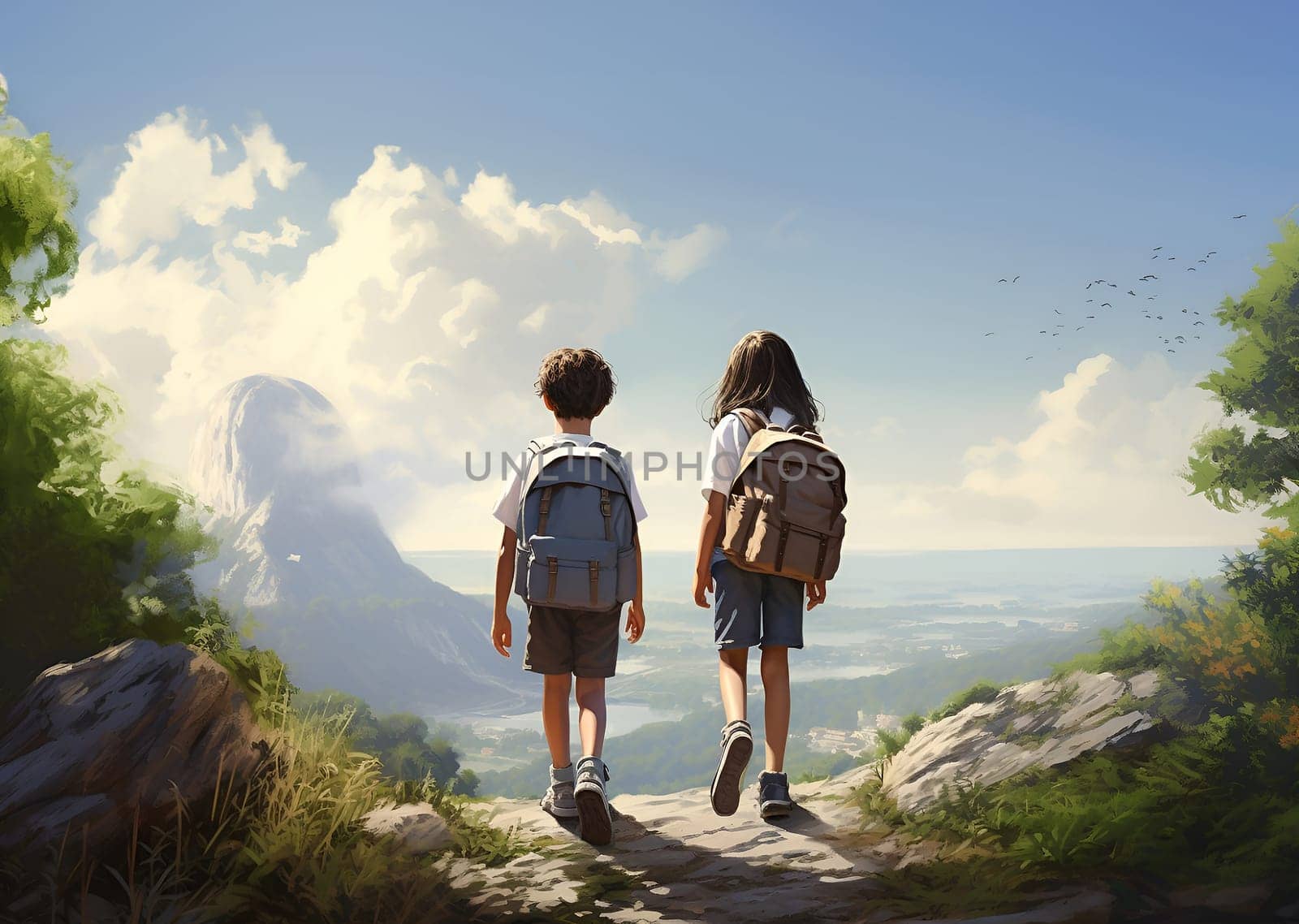 Two little children scouts with backpacks having fun in mountains. Friendly schoolchildren. Male, female school pupil excited during camping activity in nature. Back view, backside shot from behind