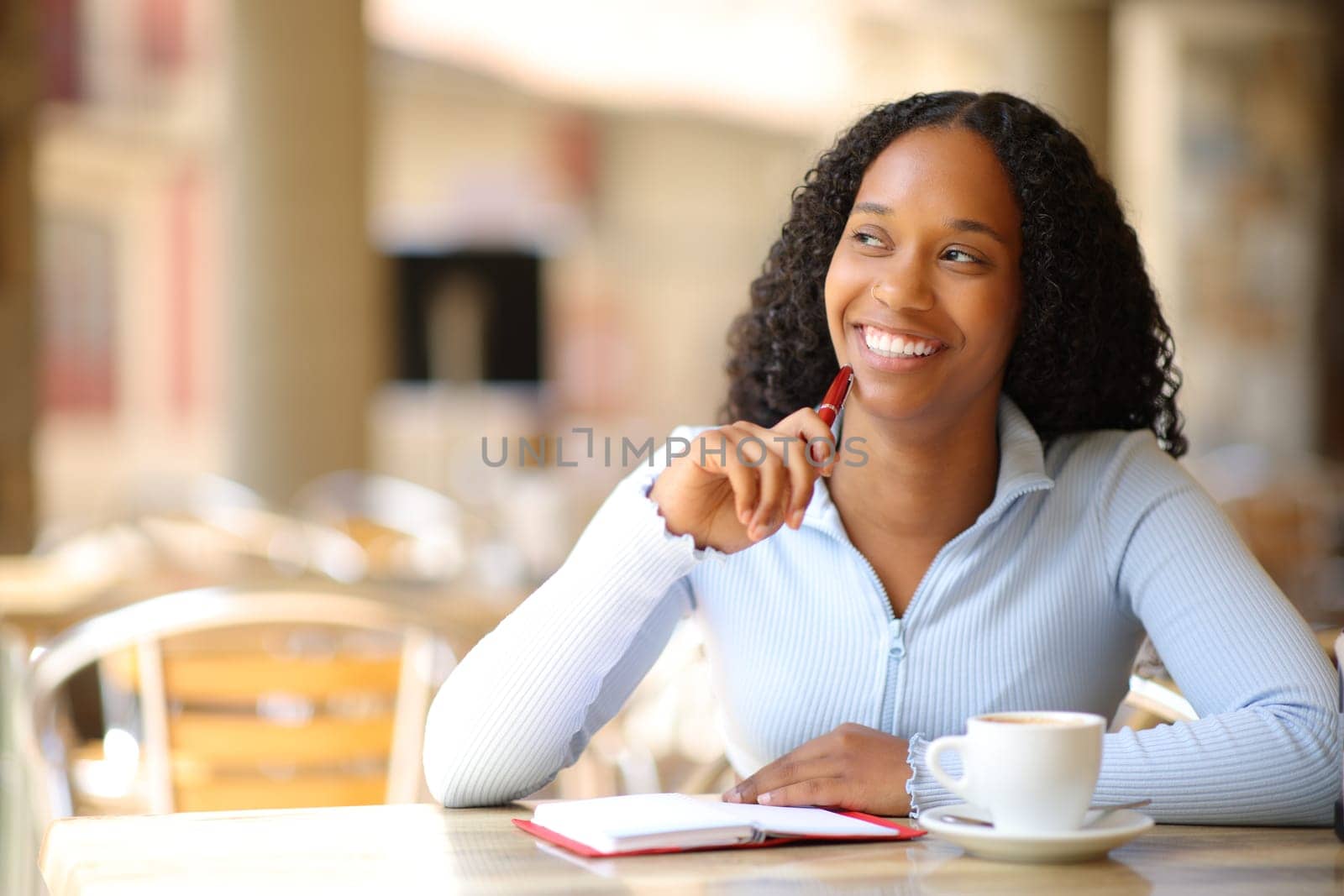 Happy black woman with agenda thinking looking at side in a bar terrace