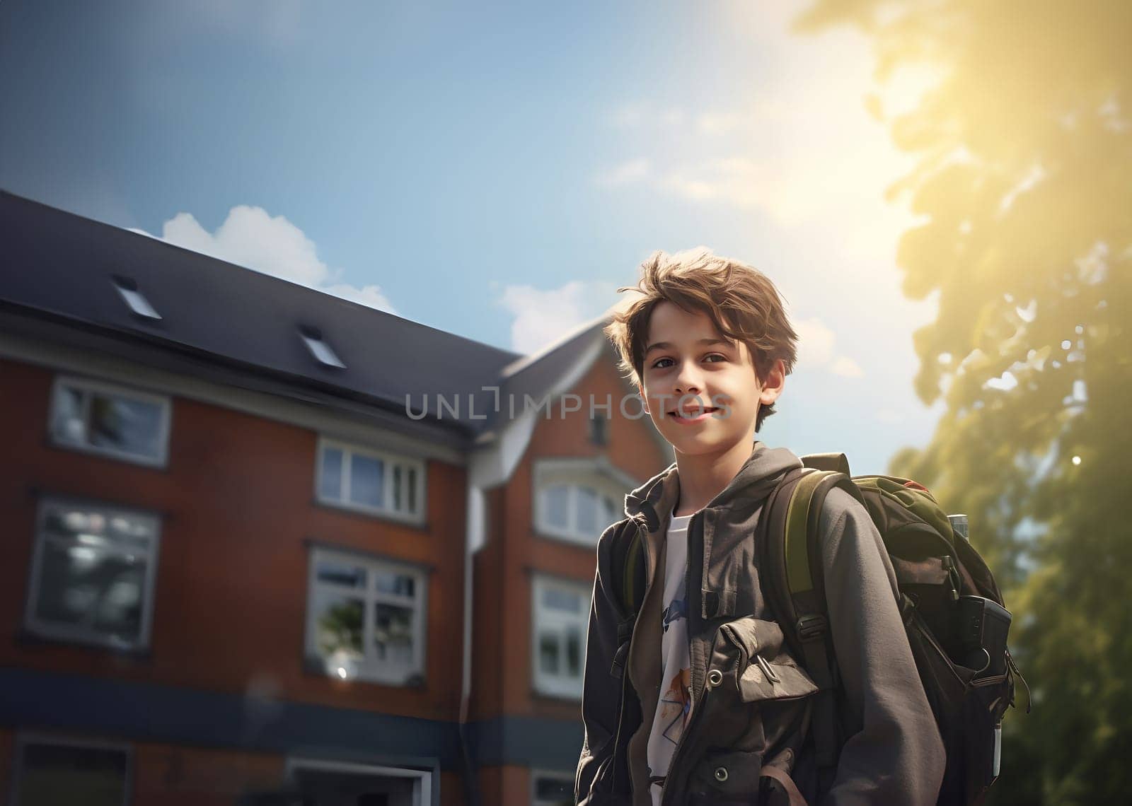 Positive smiling pupil with big backpack walking against street. Happy young schoolboy looking at camera. Back to school concept. Joyful schoolboy excited in schoolyard ready to learn. Sunny day