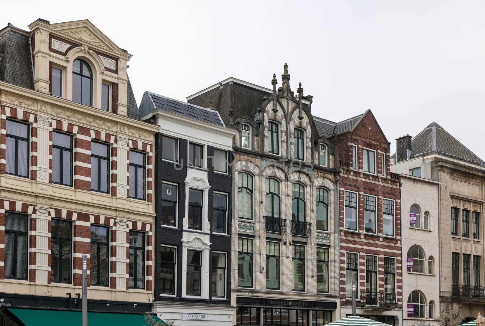 The Hague, Netherlands - April 17, 2023: Traditional Buildings at De Plaats, one of the squares in The Hague