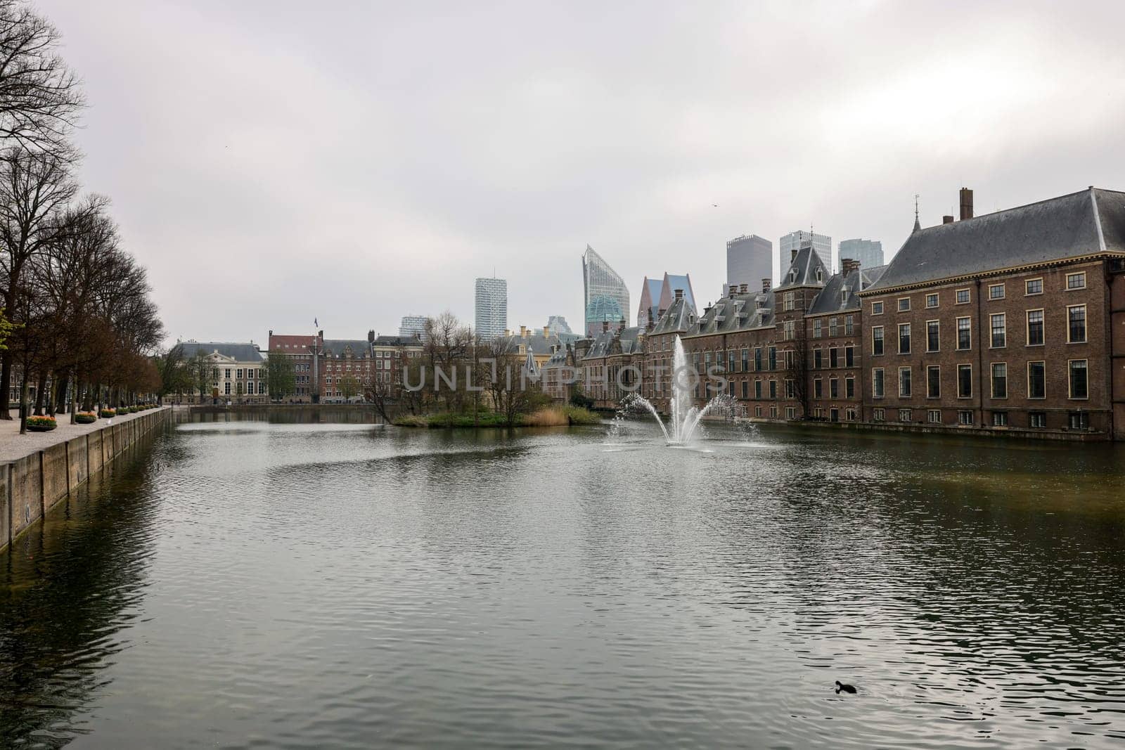 Facade of Binnenhof - Dutch Parliament with Hofvijver pond, The Hague, The Netherlands