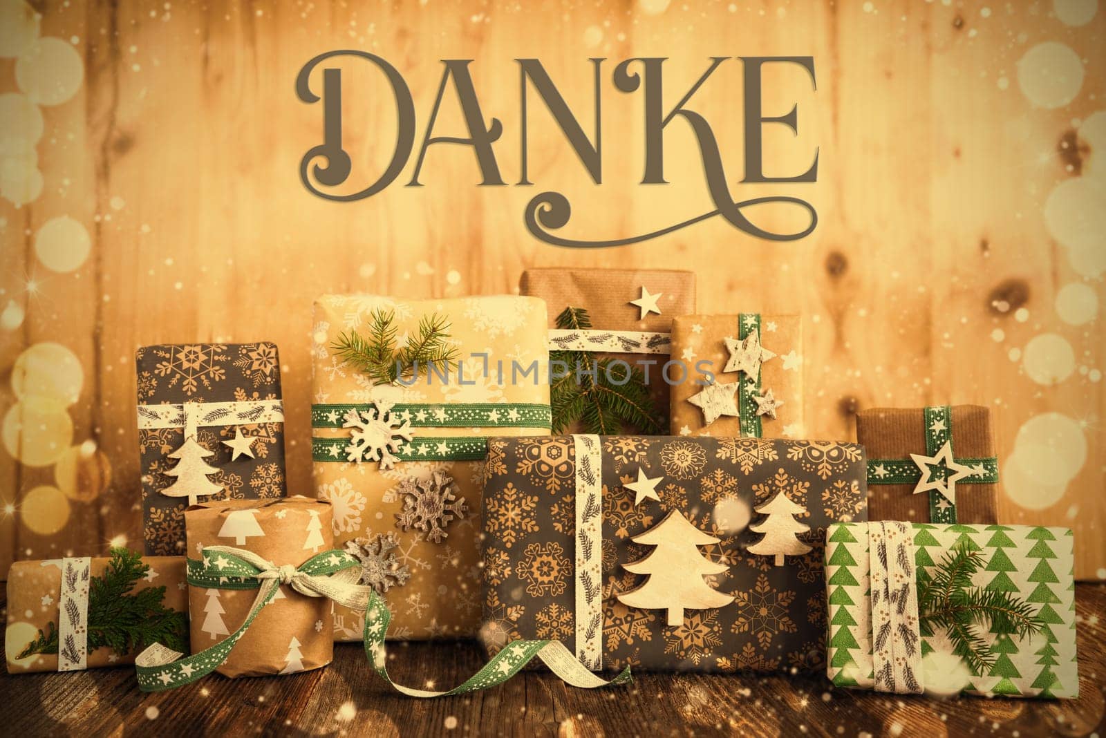 German Text Danke, Means Thanks In English, Eco Friendly, Sustainable, Rustic, Green Wrapped Christmas Gifts, Winter Background