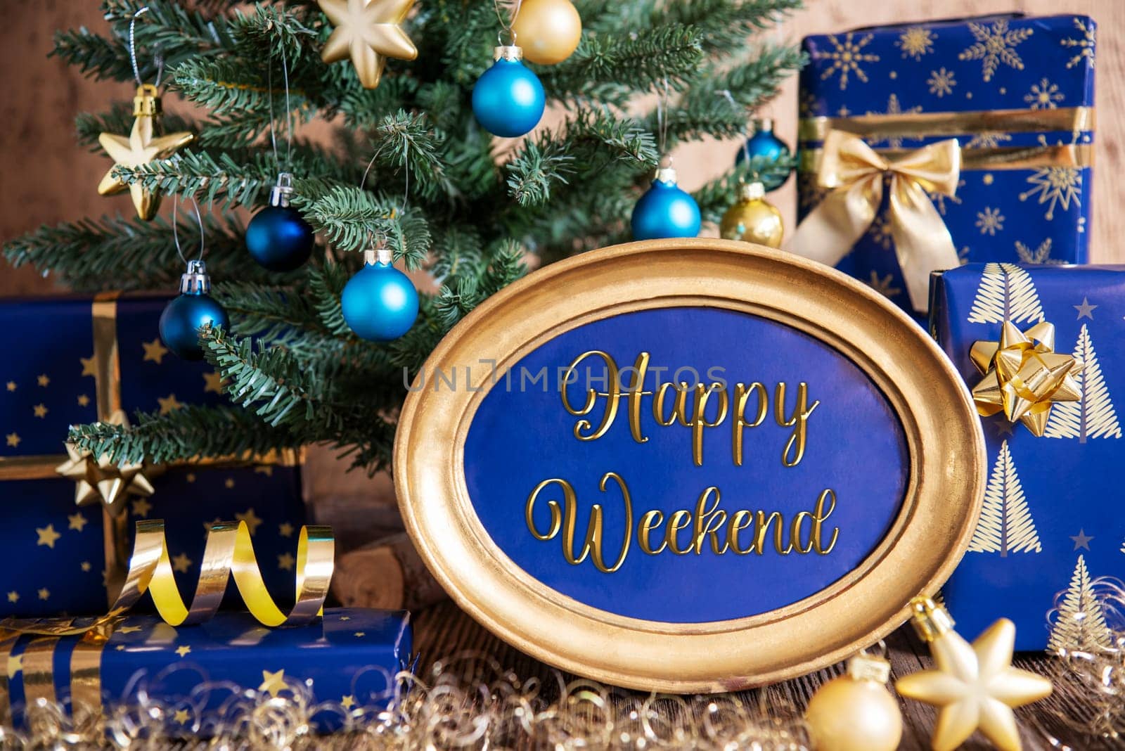 Golden Frame With Text Happy Weekend, Golden, Blue Christmas Decoration, Christmas Tree, Winter Background
