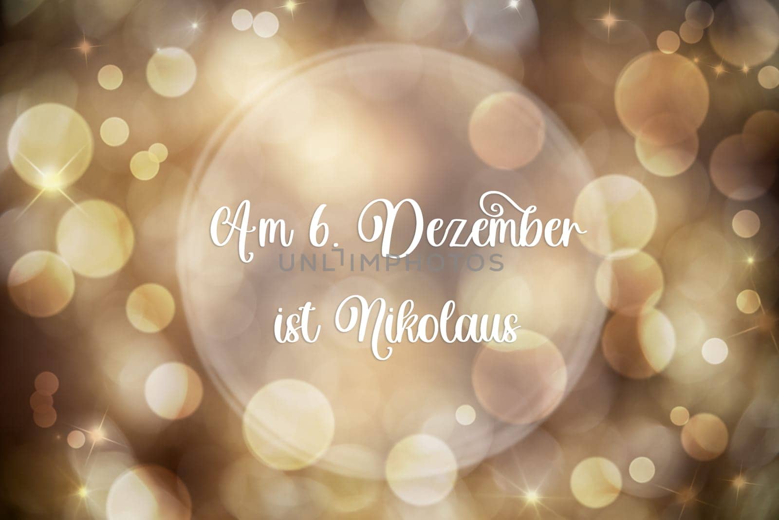 Golden Christmas Background, Festive, Blurry Bokeh Holiday Background With Text Am 6 Dezember Ist Nikolaus, Which Means Saint Nicholas Day
