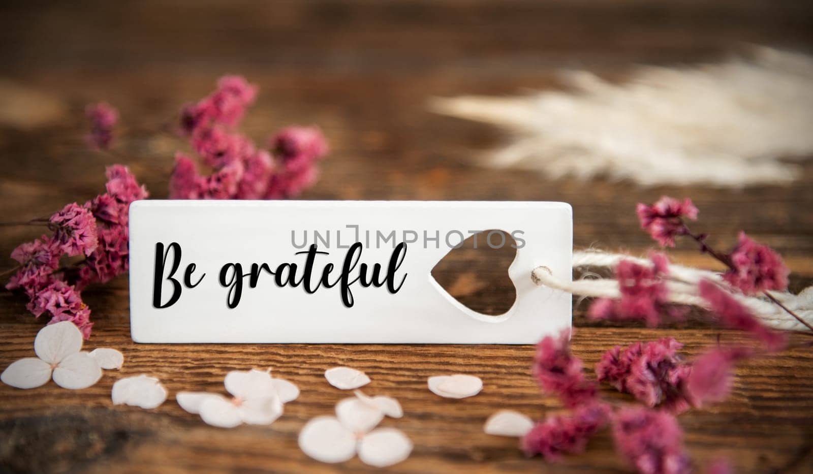 Natural Background With Purple Blossoms and Label With the English Word Be Grateful, Summer or Autumn Decoration