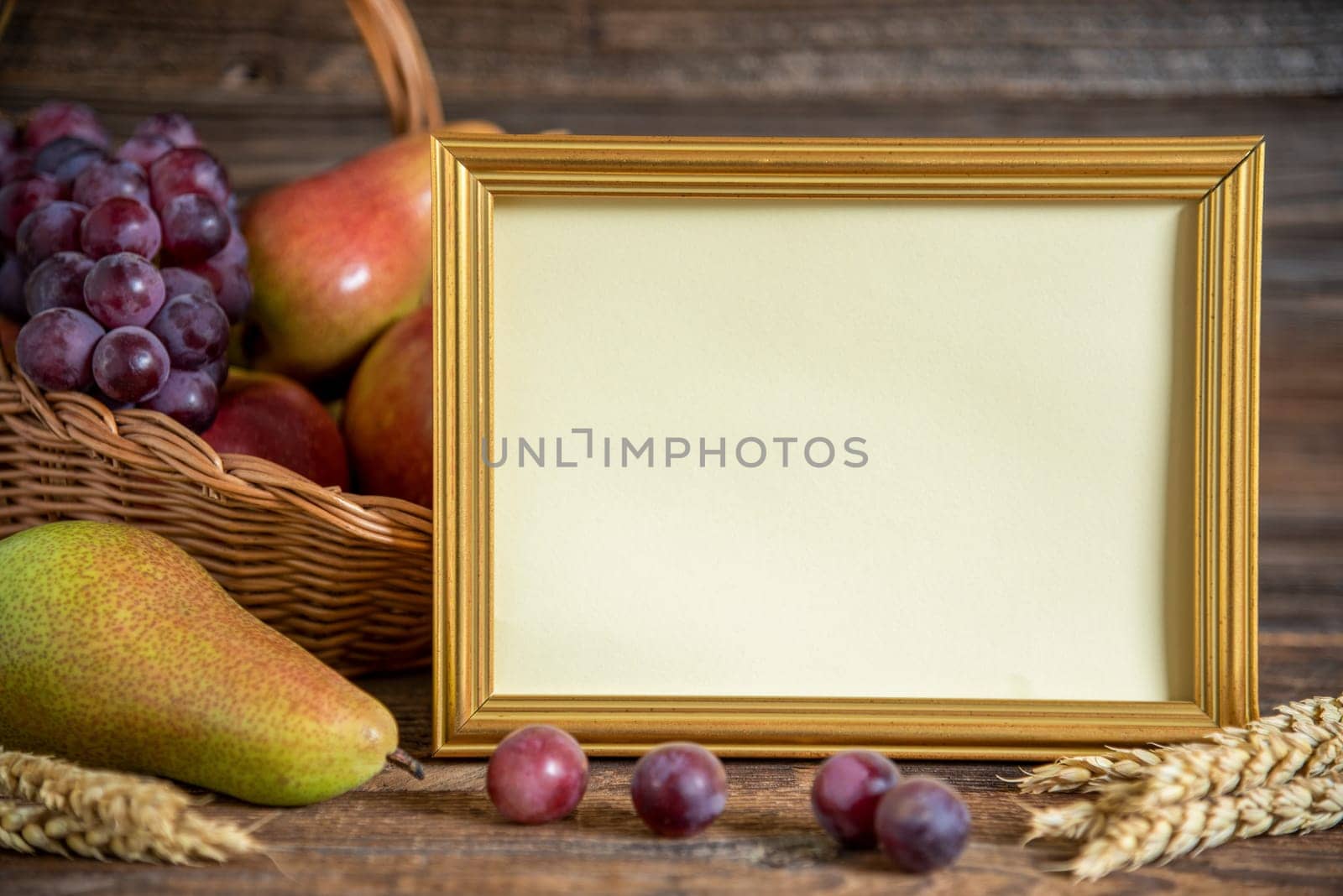 Fall Decoration with Pears, Apples and Grapes, Thanksgiving Background, Autumn Season and Copyspace