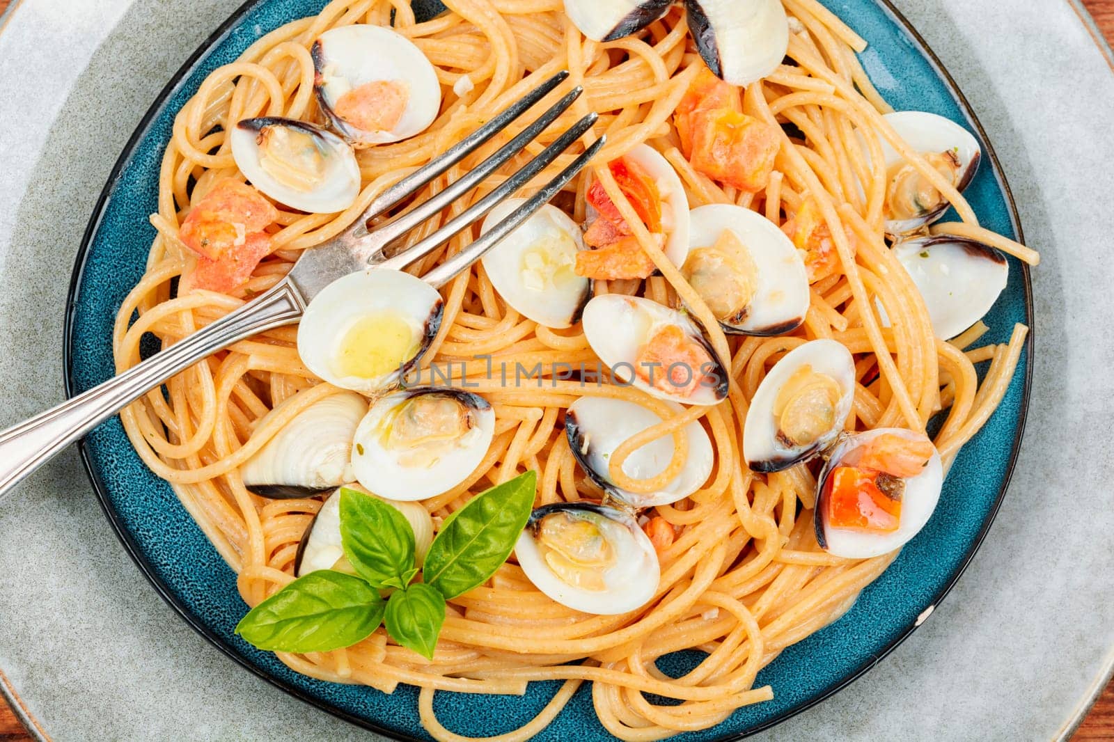 Seafood pasta with clams alle vongole and spaghetti. Copy space