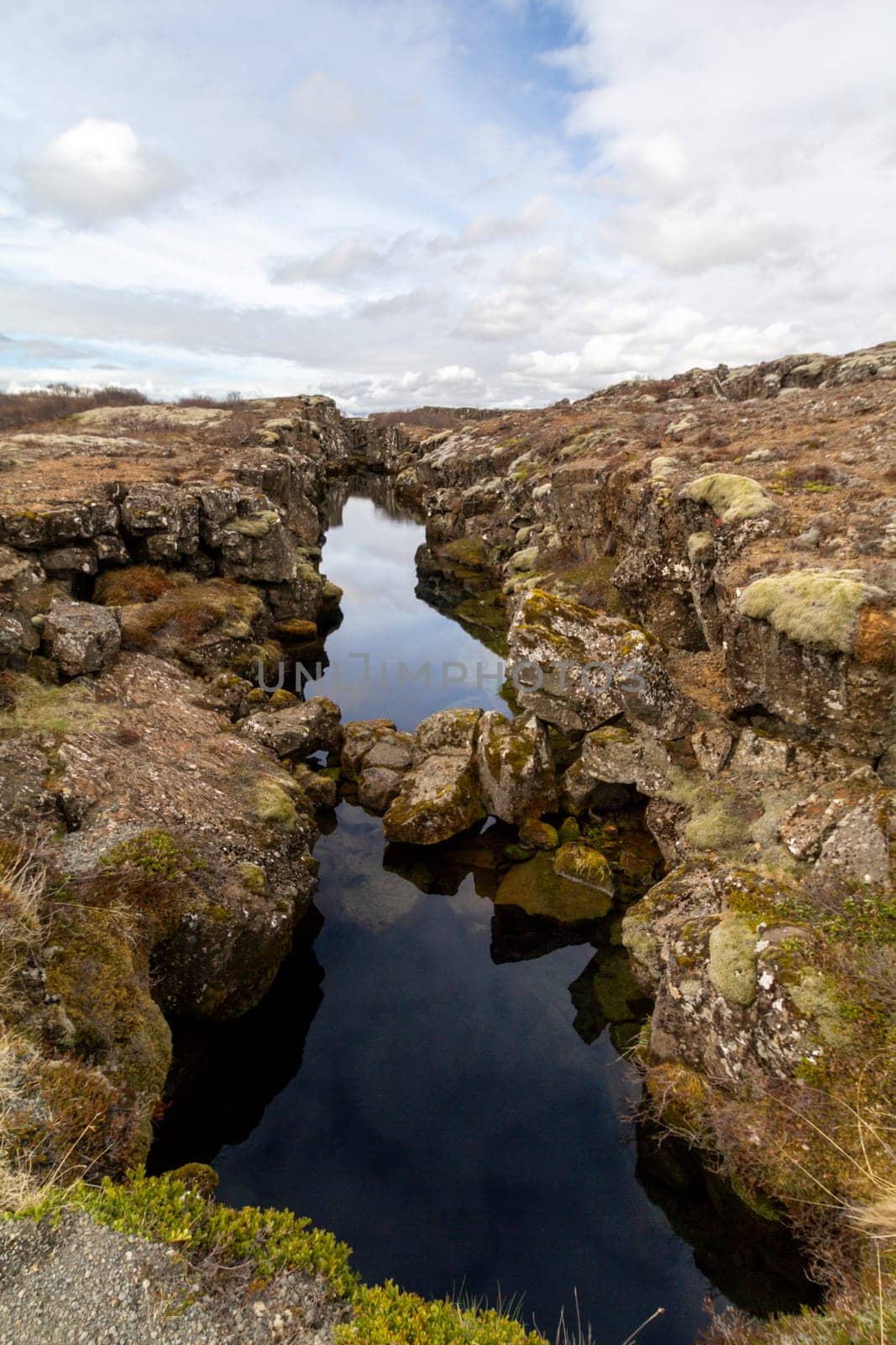 Water filled crevice of the continental rift in Thingvellir National Park, Iceland