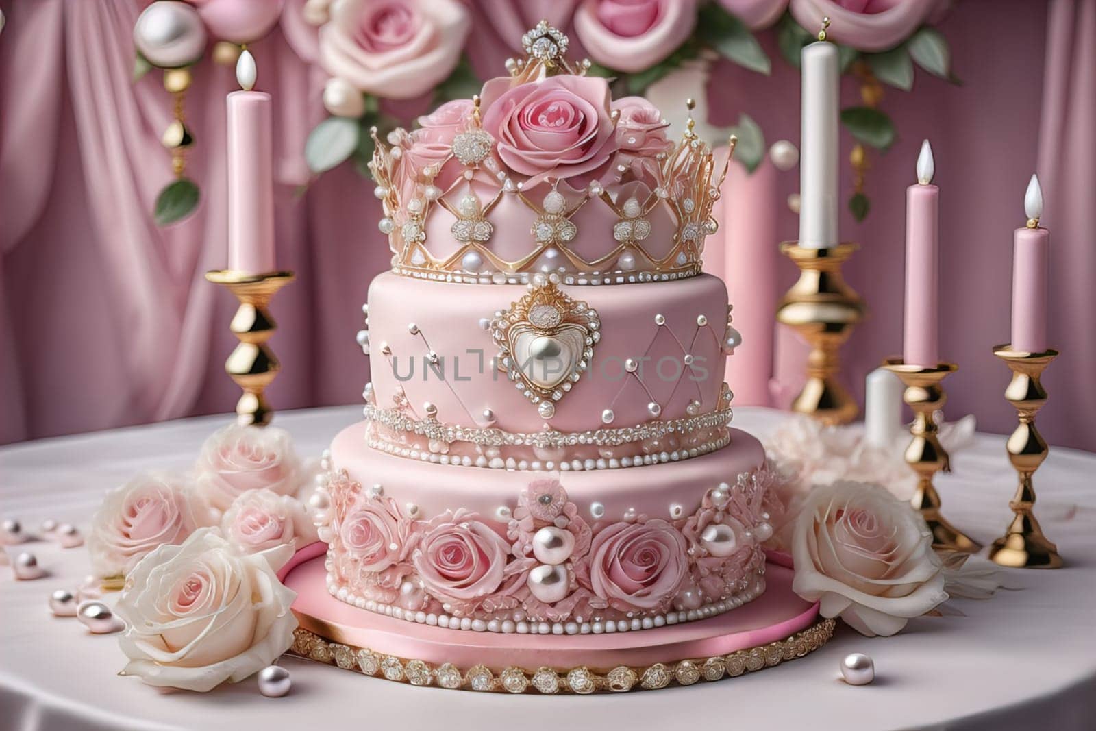 Wedding cake decorated with pink roses and gold crown on the table. ai generative