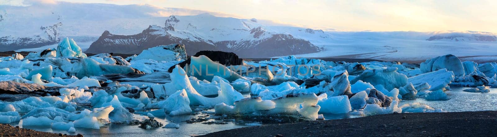 Panoramic view of Jokulsarlon glacial lake in the summer evening light, Iceland