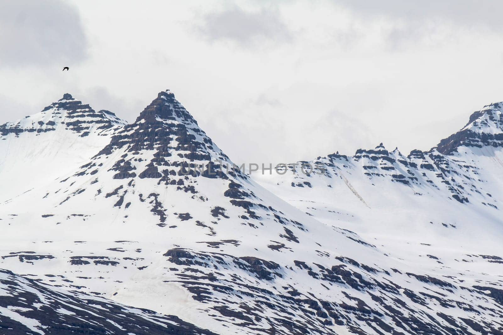 Snowy mountain summits at Thjodvegur road, Iceland