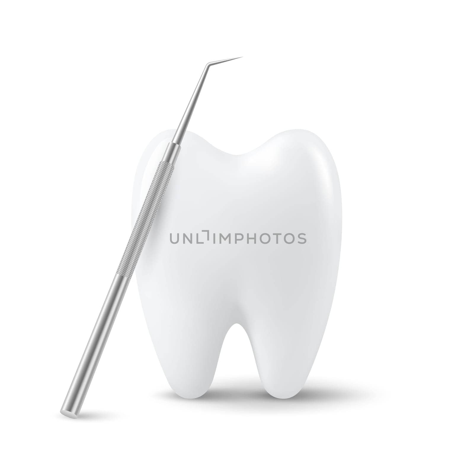 Vector 3d Realistic Tooth and Dental Probe for Teeth Closeup Isolated on White Background. Medical Dentist Tool. Design Template, Clipart, Mockup. Dentistry, Healthcare, Hygiene Concept.