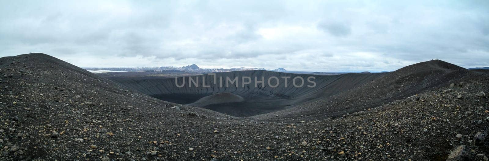 Panoramic view of black Hverfjall crater in Myvatn, Iceland
