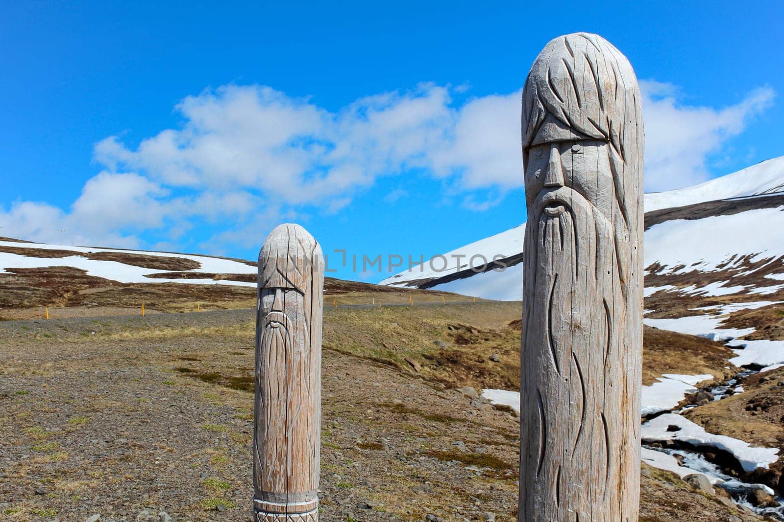WESTFJORDS, ICELAND - JUNE 14, 2018 - Mystic faces carved in wood, Westfjords of Iceland