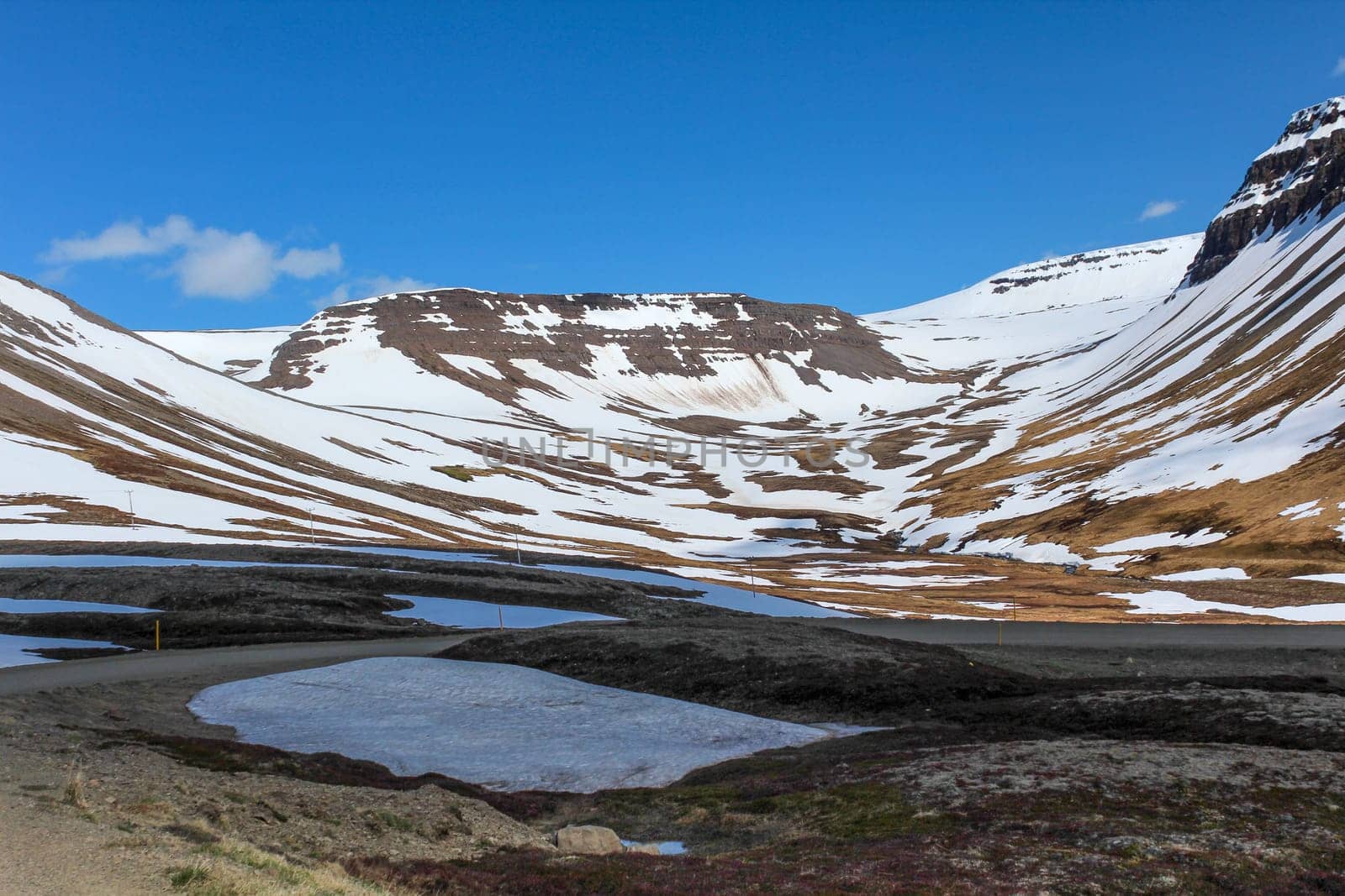 Snowy mountainous landscape in the Westfjords, Iceland