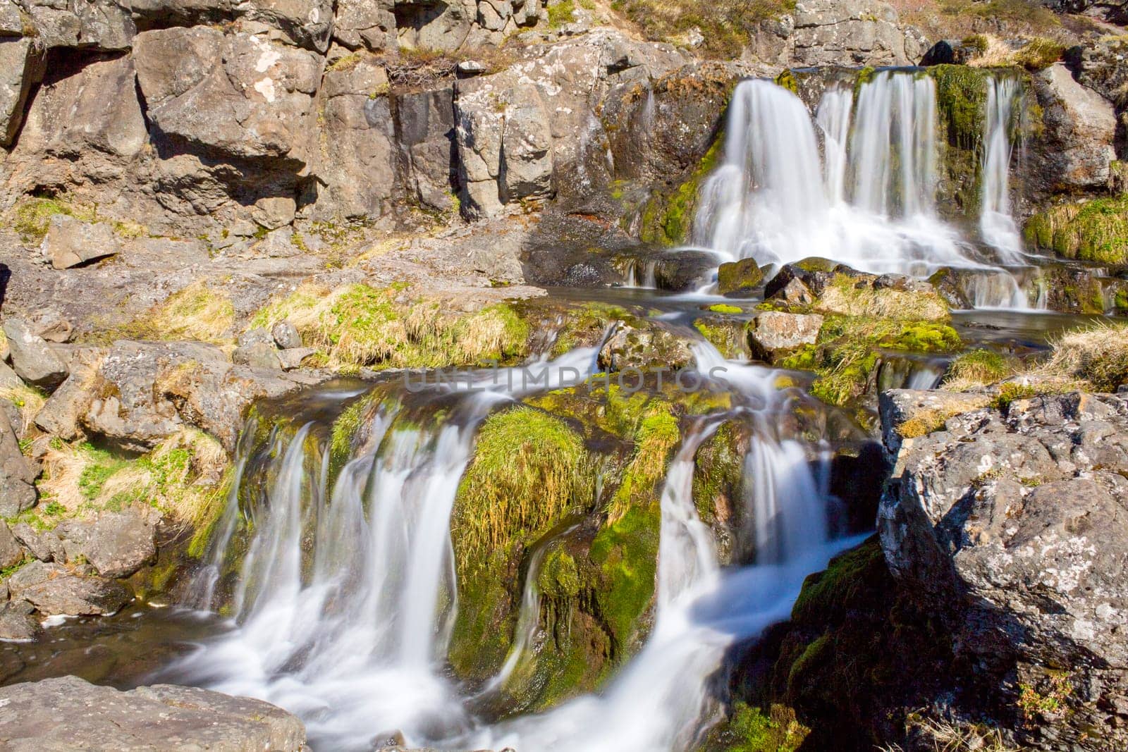 Magnificent stream of Dynjandi waterfall in the Westfjords, Iceland