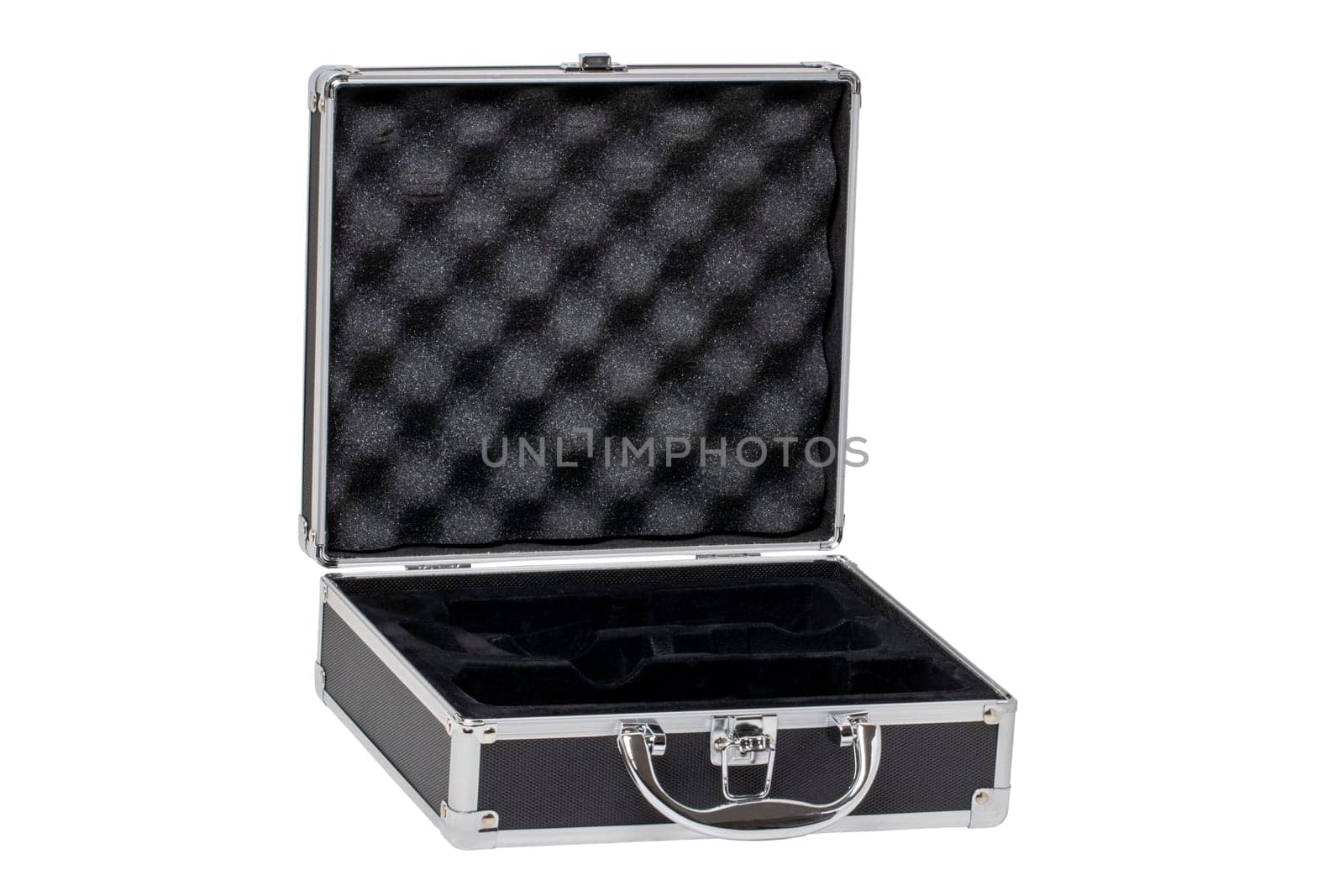 Closeup of a opened empty small black silver equipment case or suitcase with a latch isolated on a white background. Clipping path.