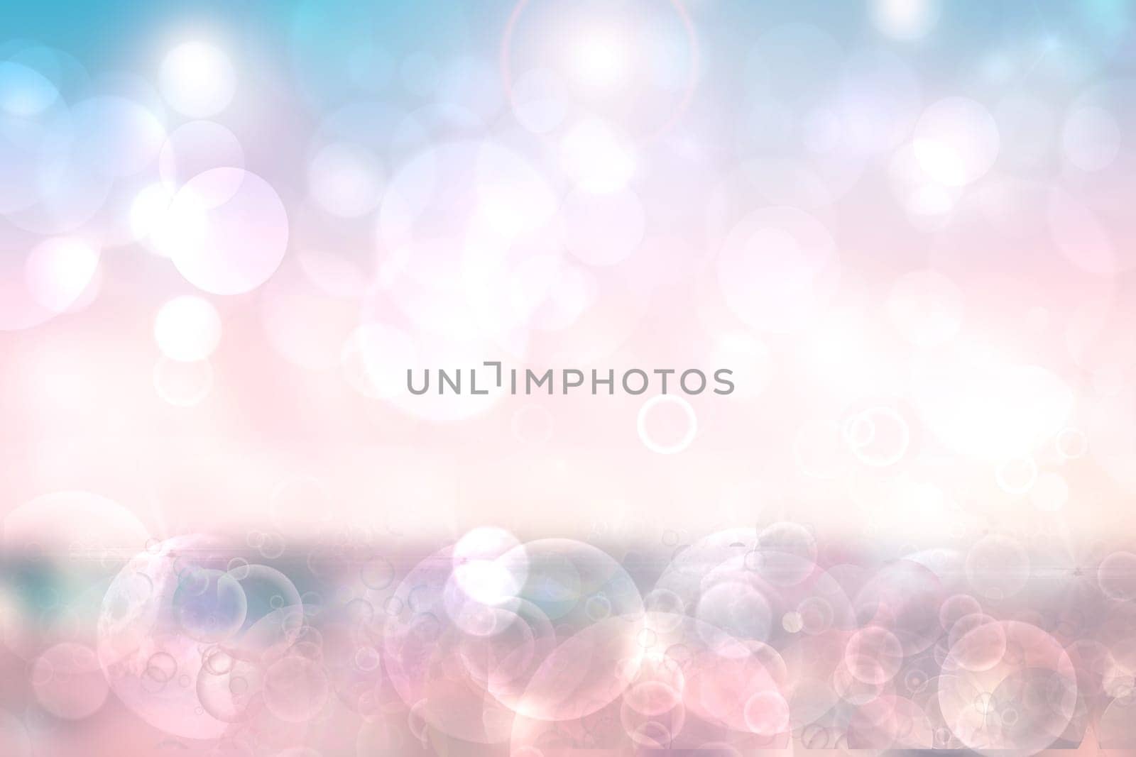 Abstract sunset illustration. Abstract evening or sunset mood background texture with light blue ocean and pastel colored bokeh lights and orange sunny sky. Beautiful sunset.