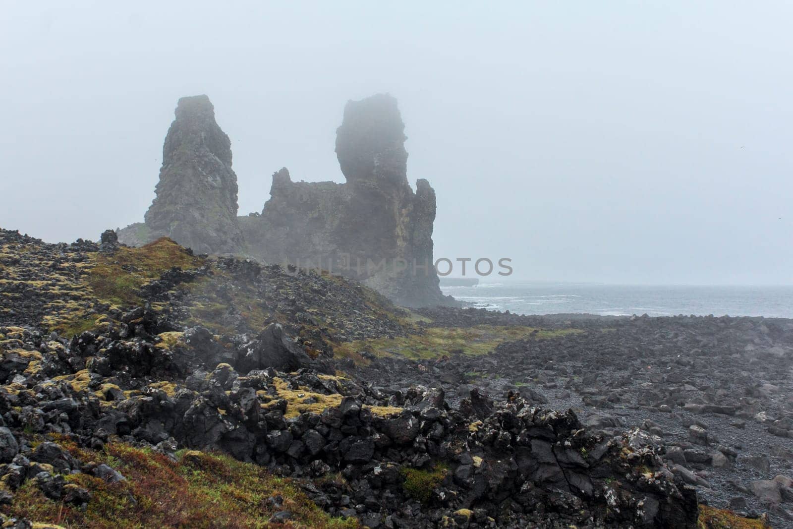 Stormy misty coast at Snaeffelsnes National Park, Iceland