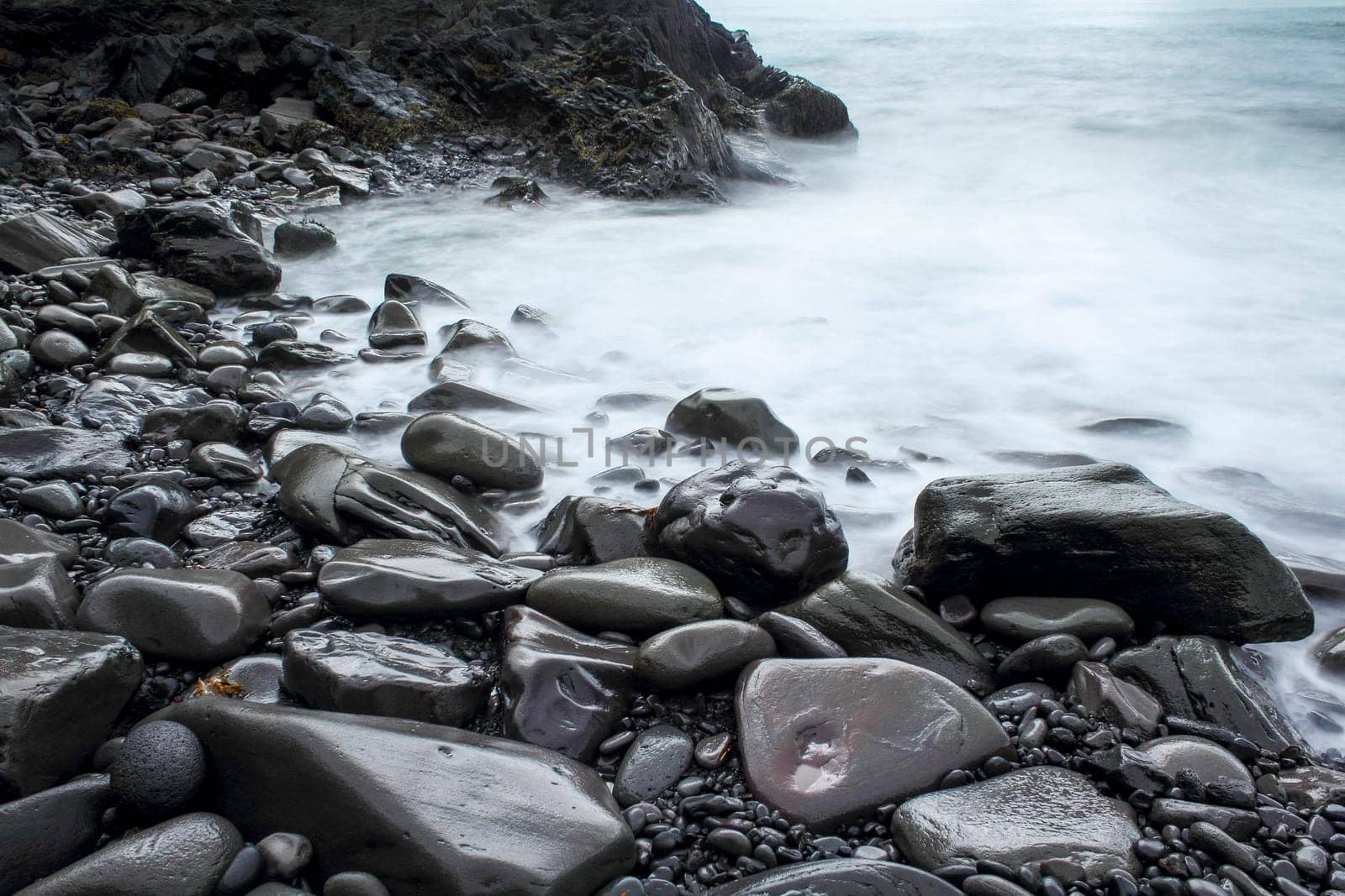 Time exposure of stony beach at Hellnar, Snaefellsnes National Park, Iceland