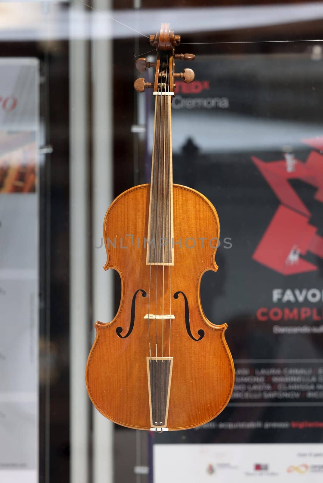 Cremona, Italy - September 7, 2022: Store Window of a Luthier's shop in Cremona. Handmade Violins on Display.