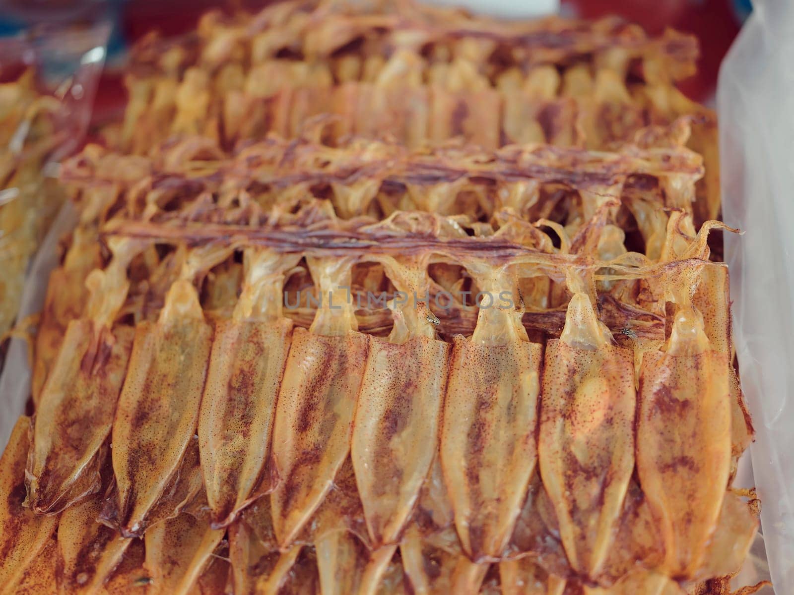 Dry dried squid on market at Rayong, Thailand
