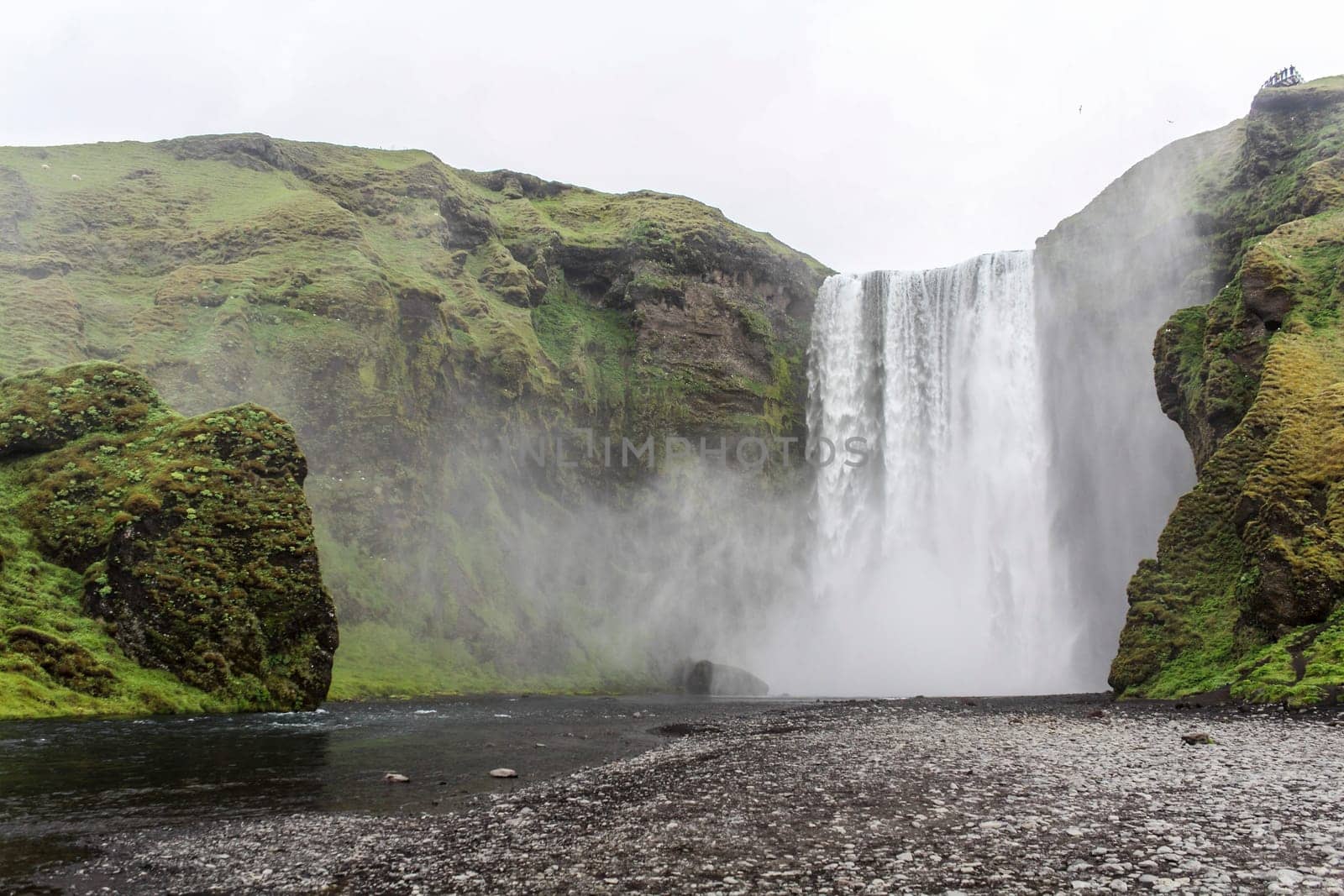 View on abandoned magnificent Skogarfoss waterfall in South Iceland