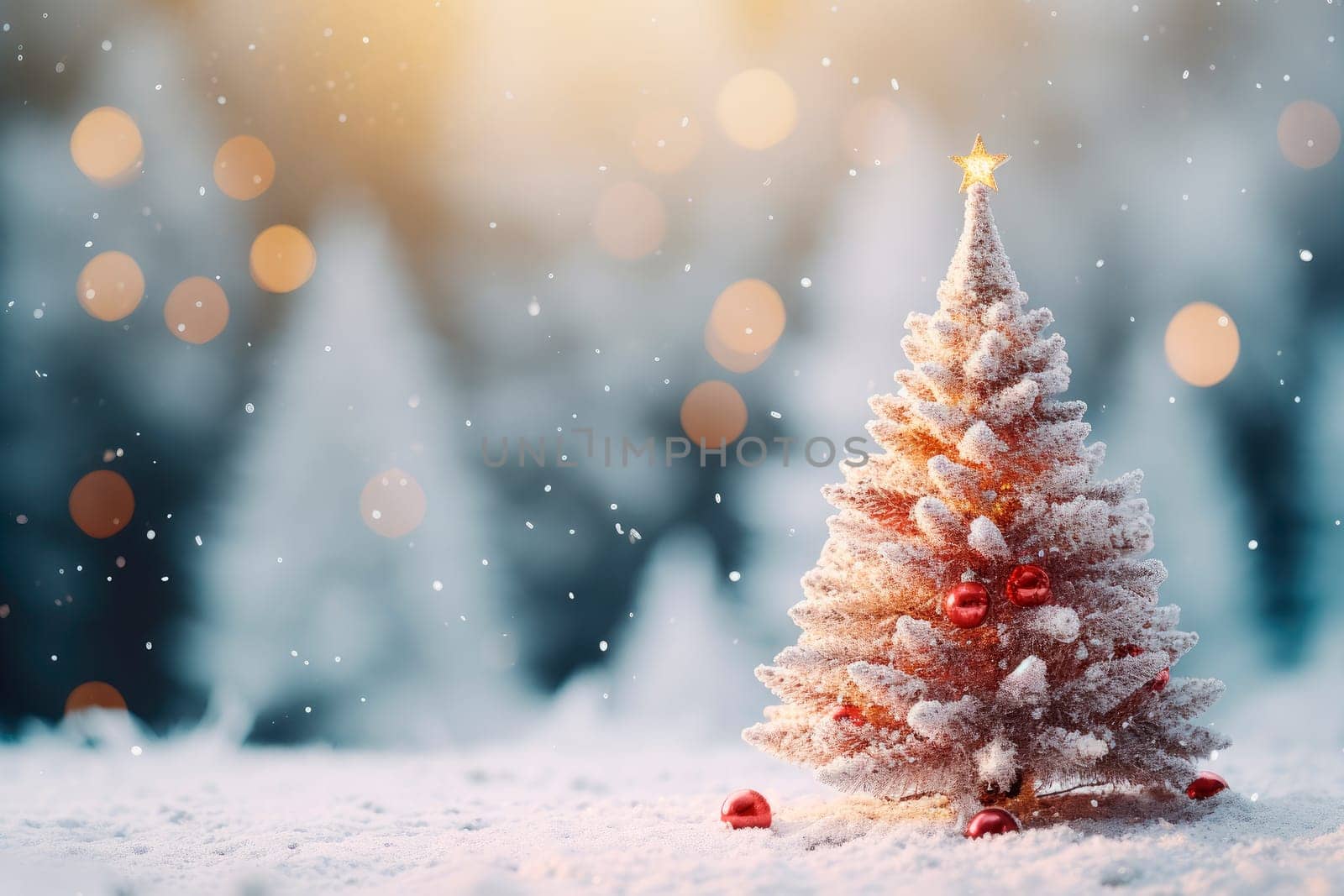 Merry Christmas background with a Christmas tree on snow background. Elegant Christmas Card with Gold Shining Fir.AI generated