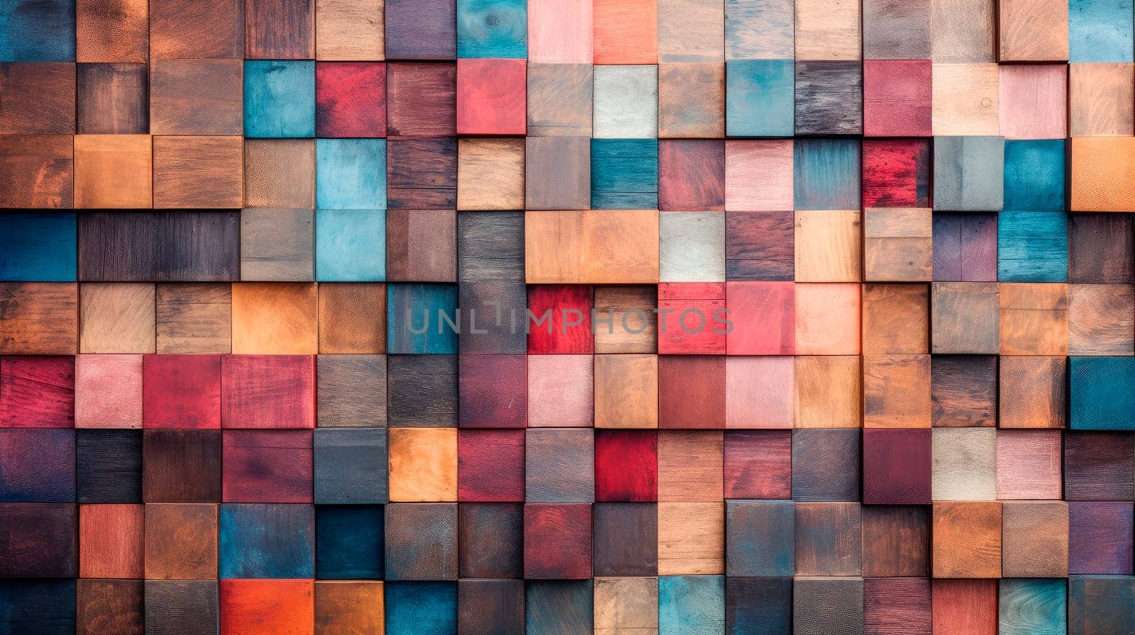 Abstract wooden background from colored tiles. Colorful wooden tiles with refined, slightly weathered surface.AI generated