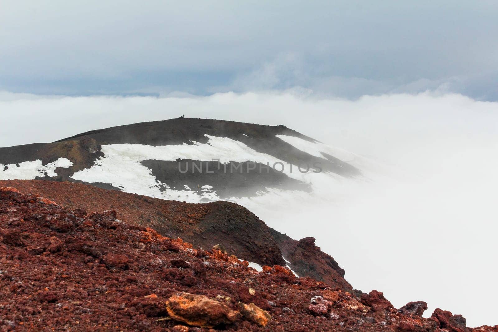 Snowy and foggy white landscape at Fimmvorduhals hiking trail in Iceland