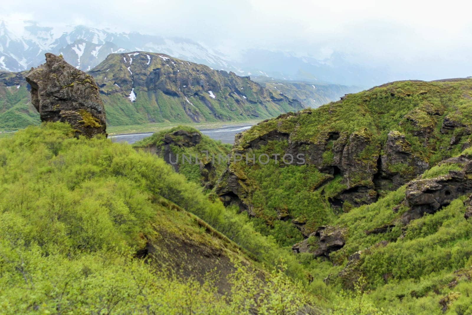 View into the valley of Thorsmoerk, Fimmvorduhals hiking trail in Iceland