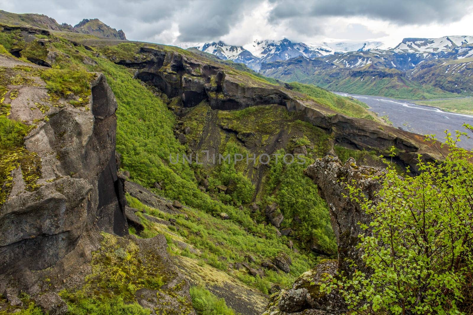 View into the valley of Thorsmoerk, Fimmvorduhals hiking trail in Iceland