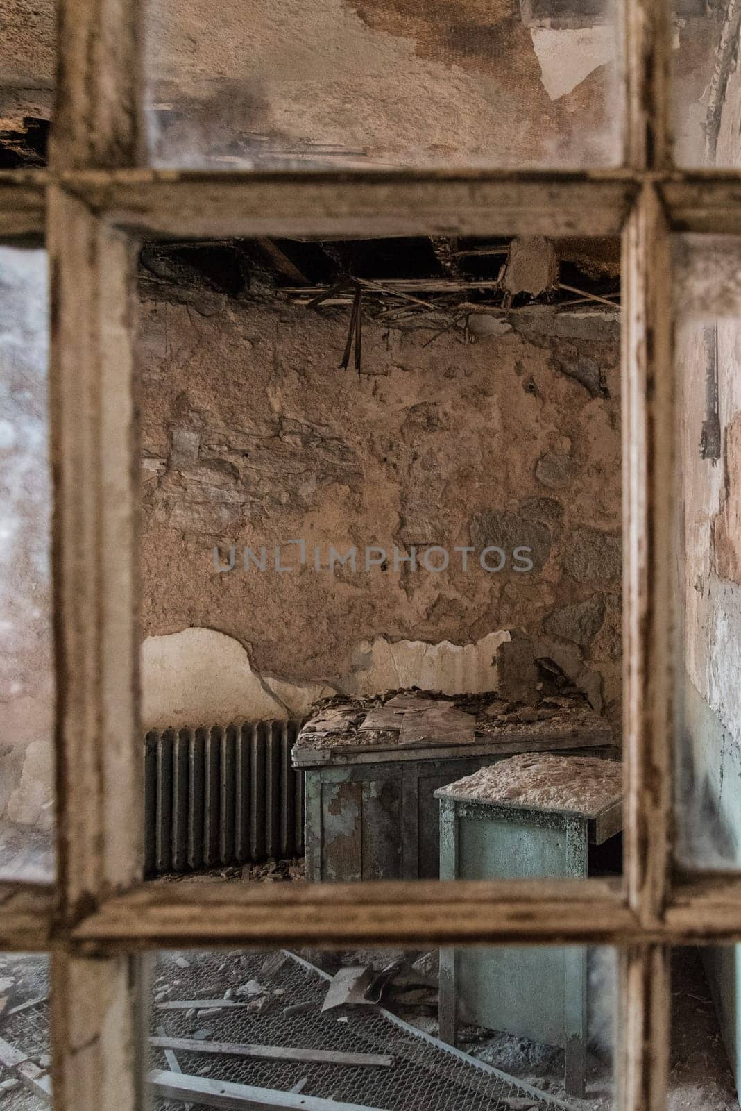 PHILADELPHIA, USA - AUGUST 15, 2022 - Derelict office and destructed ceiling in the Eastern State Penitentiary, USA