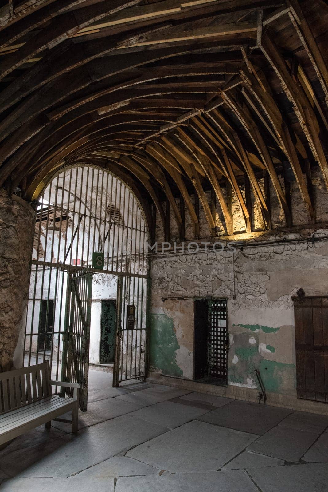 PHILADELPHIA, USA - AUGUST 15, 2022 - Abandoned corridor in the Eastern State Penitentiary in Philadelphia, USA