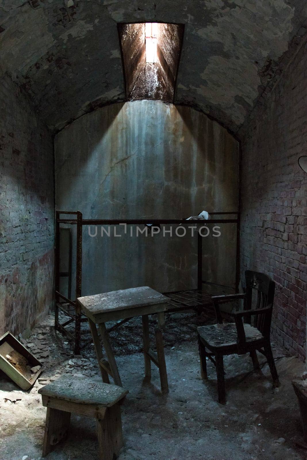 PHILADELPHIA, USA - AUGUST 15, 2022 - Old abandoned prison cell in Eastern State Penitentiary, USA