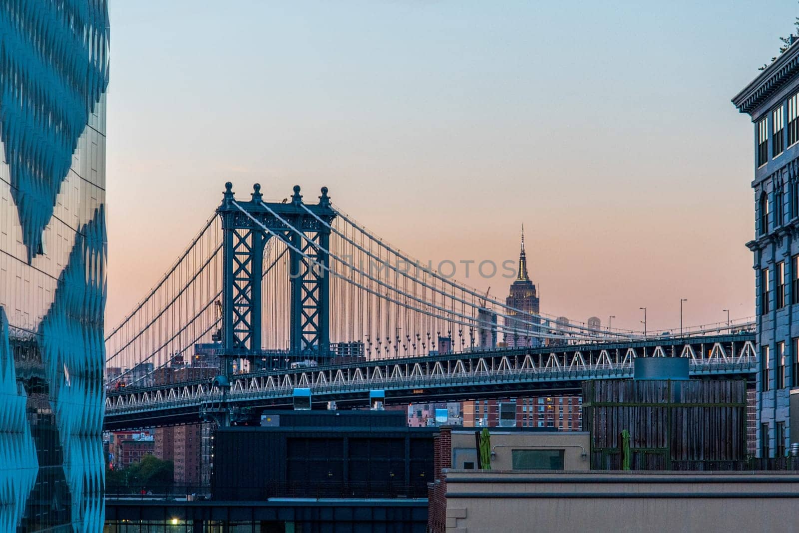 Williamsburg Bridge, Empire State Building in the background, New York City, USA