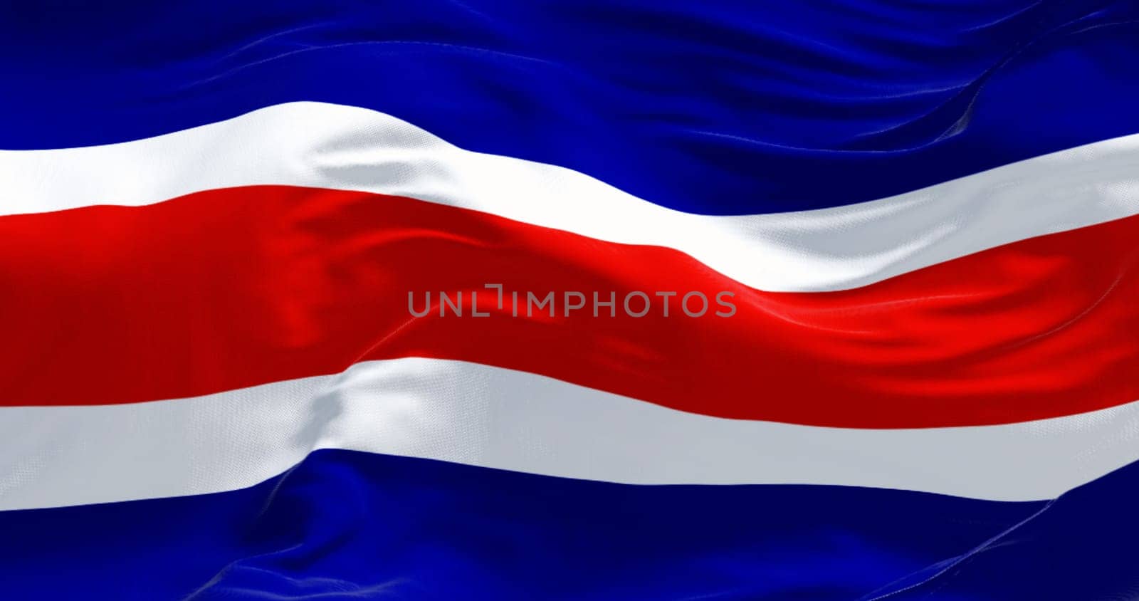 Costa Rica national civil flag waving in the wind. Blue, white, red, white, blue horizontal stripes. 3d illustration render. Fluttering fabric background