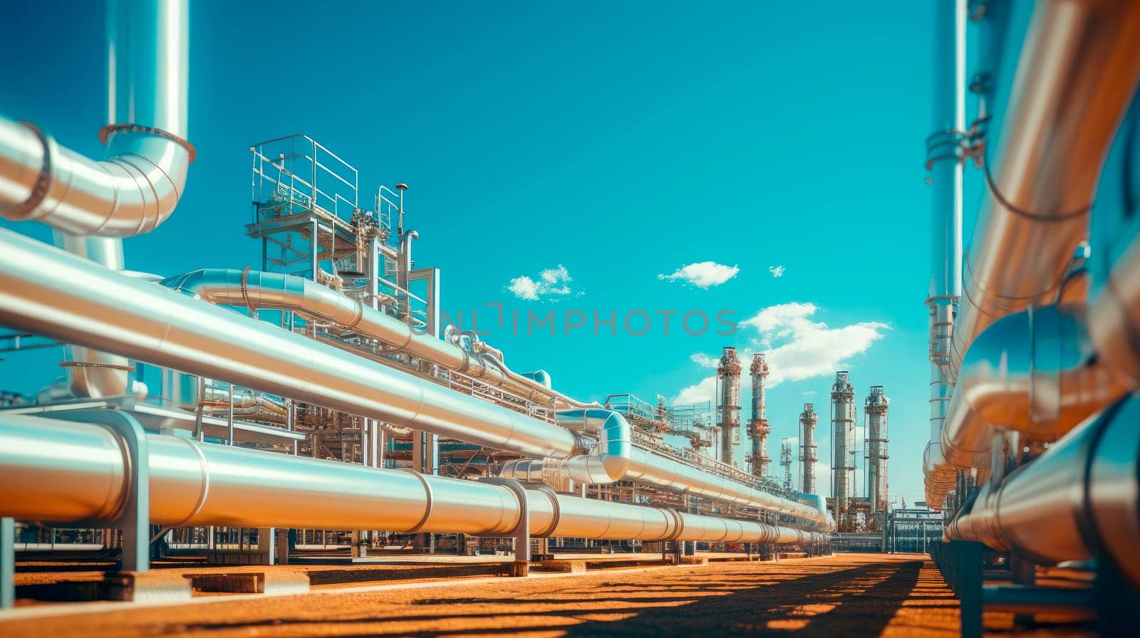 Pipeline and pipe rack of petroleum industrial plant.Industrial zone, steel pipelines. AI generated