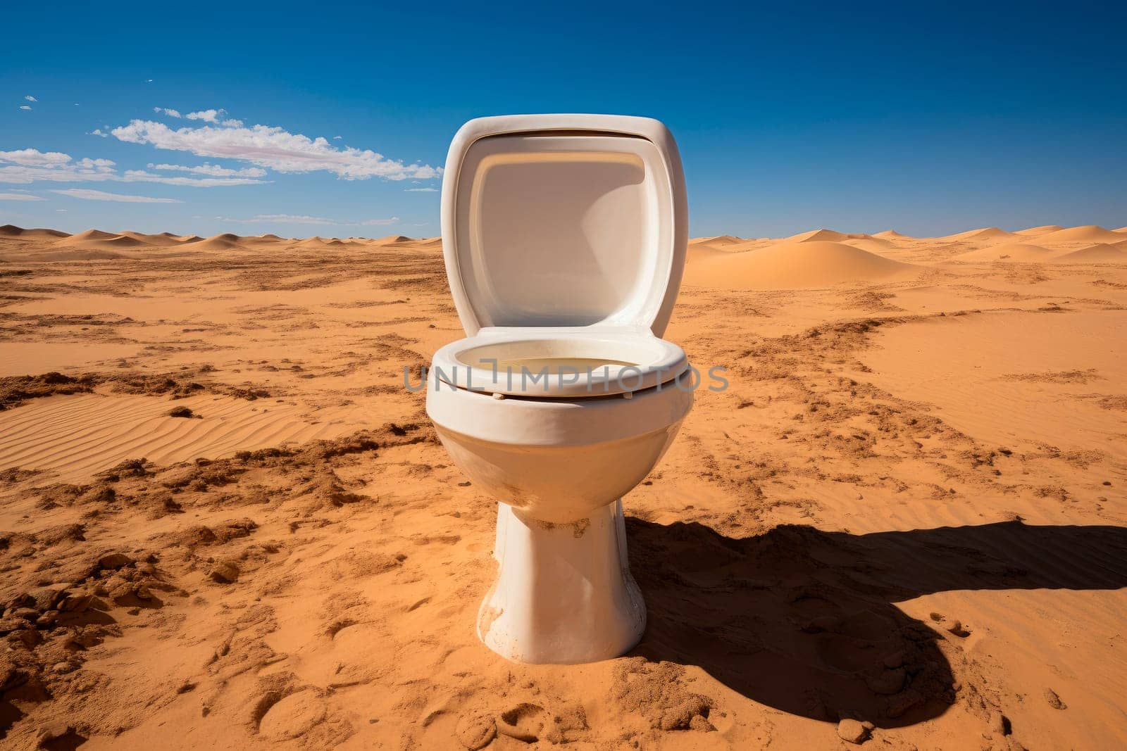 White ceramic toilet bowl at empty desert, front view. AI generated