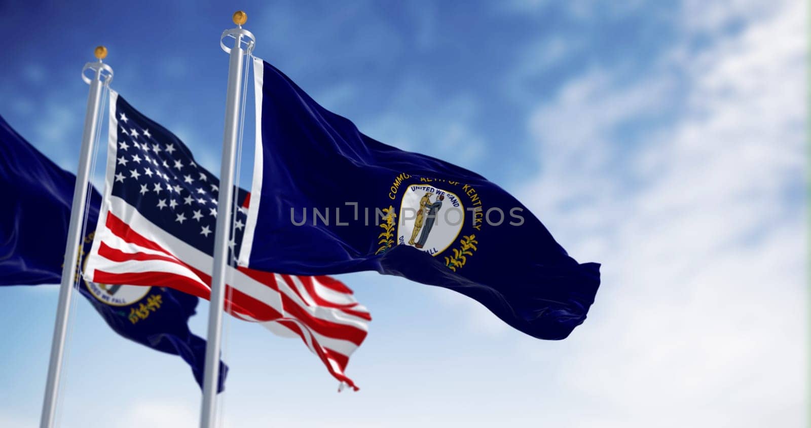 Flags of Kentucky and the United States waving in the wind on a clear day. Southeastern state of the United States. Democracy and identity. 3d illustration render. Fluttering fabric.