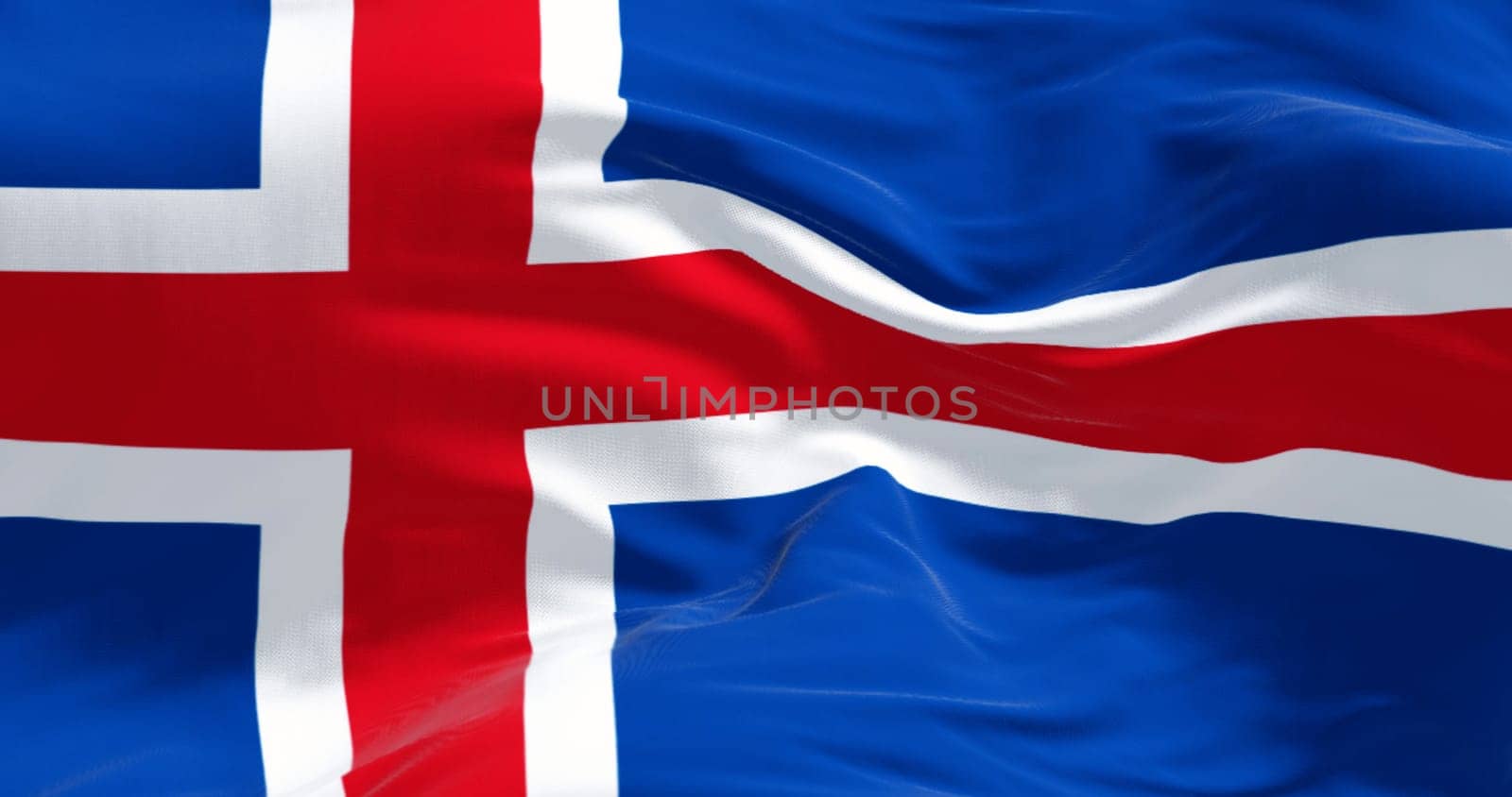 Close-up of Iceland national flag waving. Blue with a white cross and a red cross inside the white cross. 3d illustration render. Fluttering fabric background.