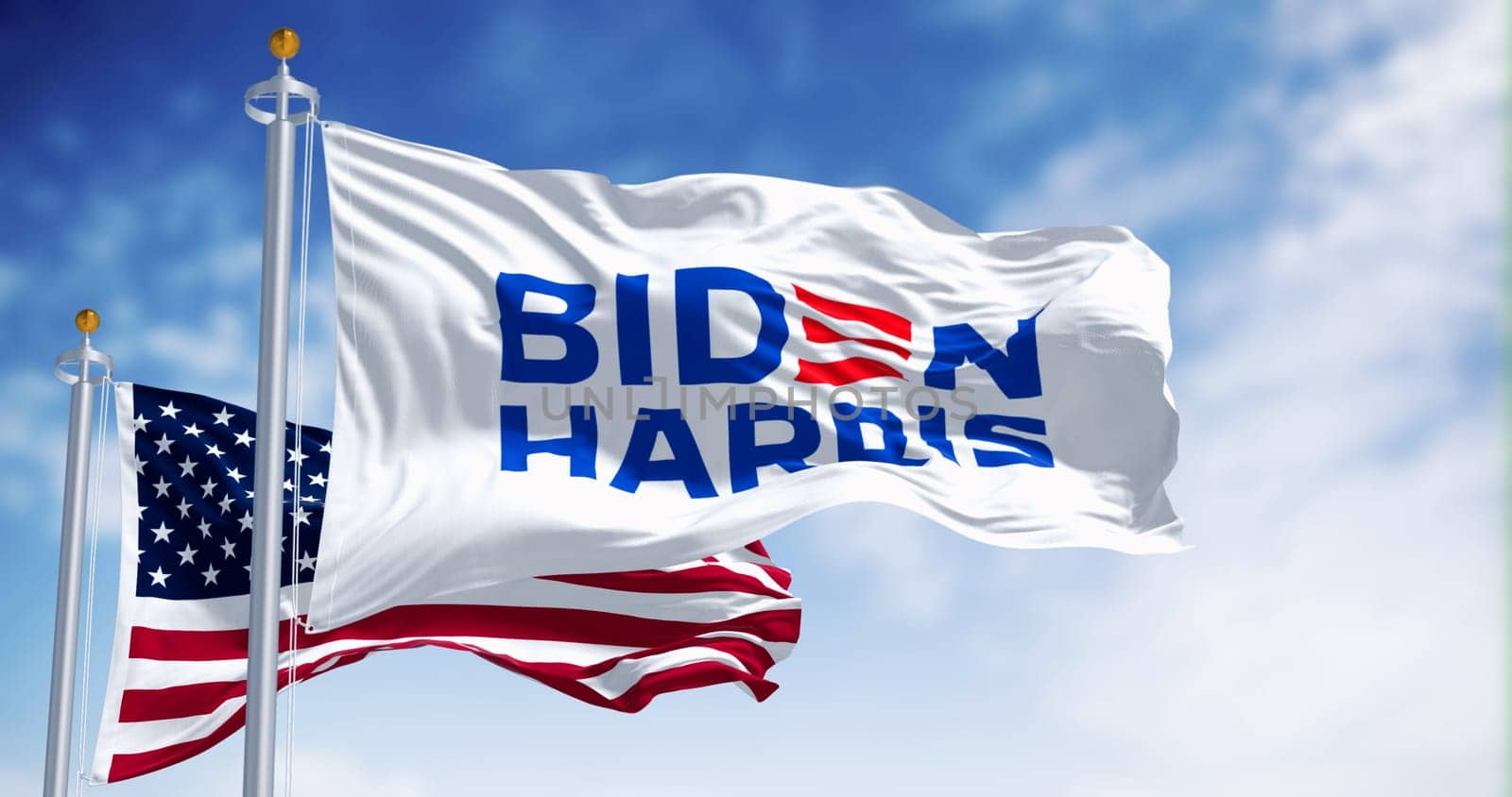 Washington D.C., US, June 20 2023: Biden Harris 2024 presidential election campaign flag waving with national US flag. Illustrative editorial 3d illustration render. 2024 US presidential election