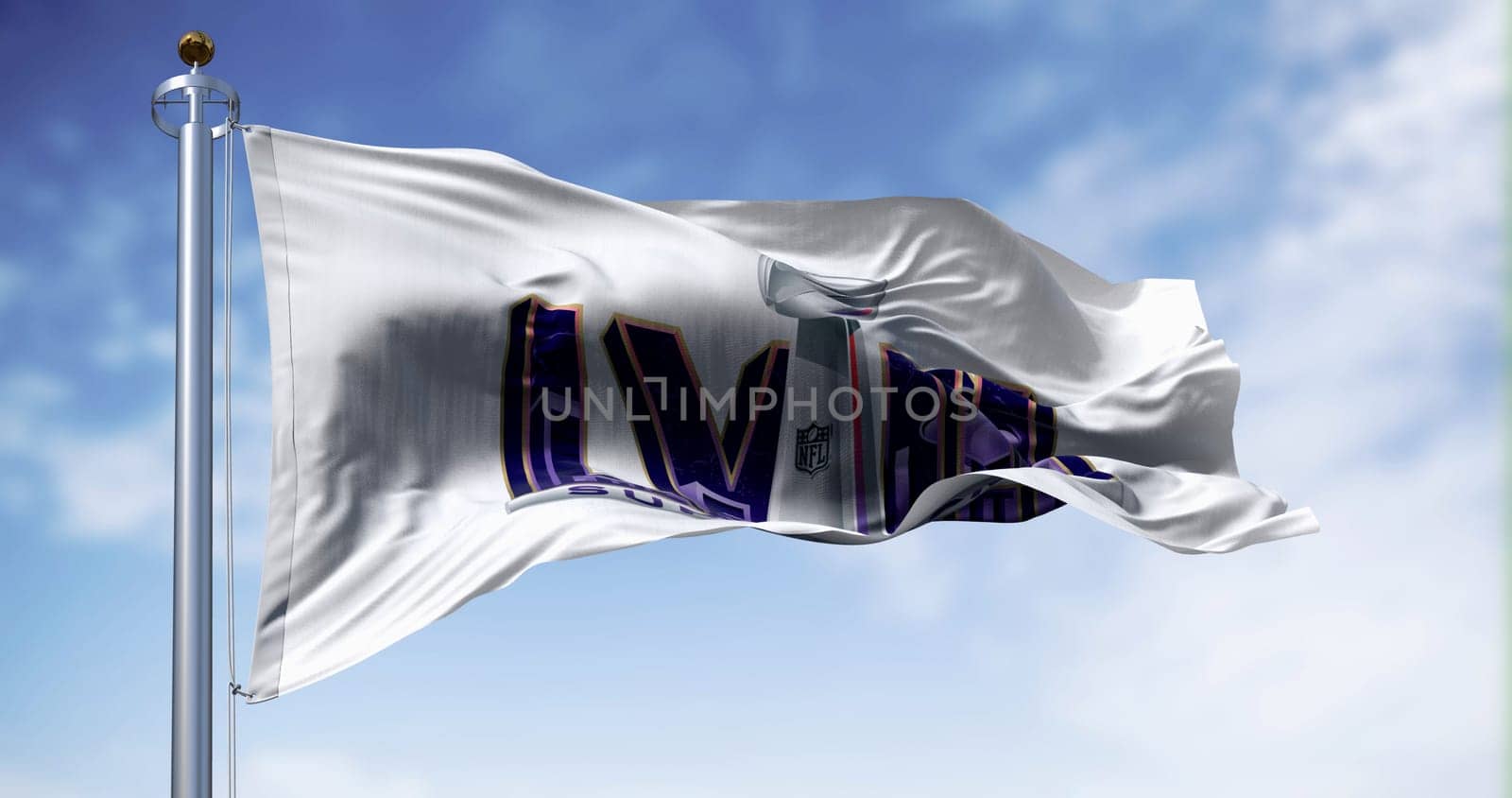 Paradise, US, June 28 2023: 58th Super Bowl flag waving on a clear day. The game is scheduled to be played on Feb 11, 2024 in Paradise, Nevada. Illustrative editorial 3d illustration render