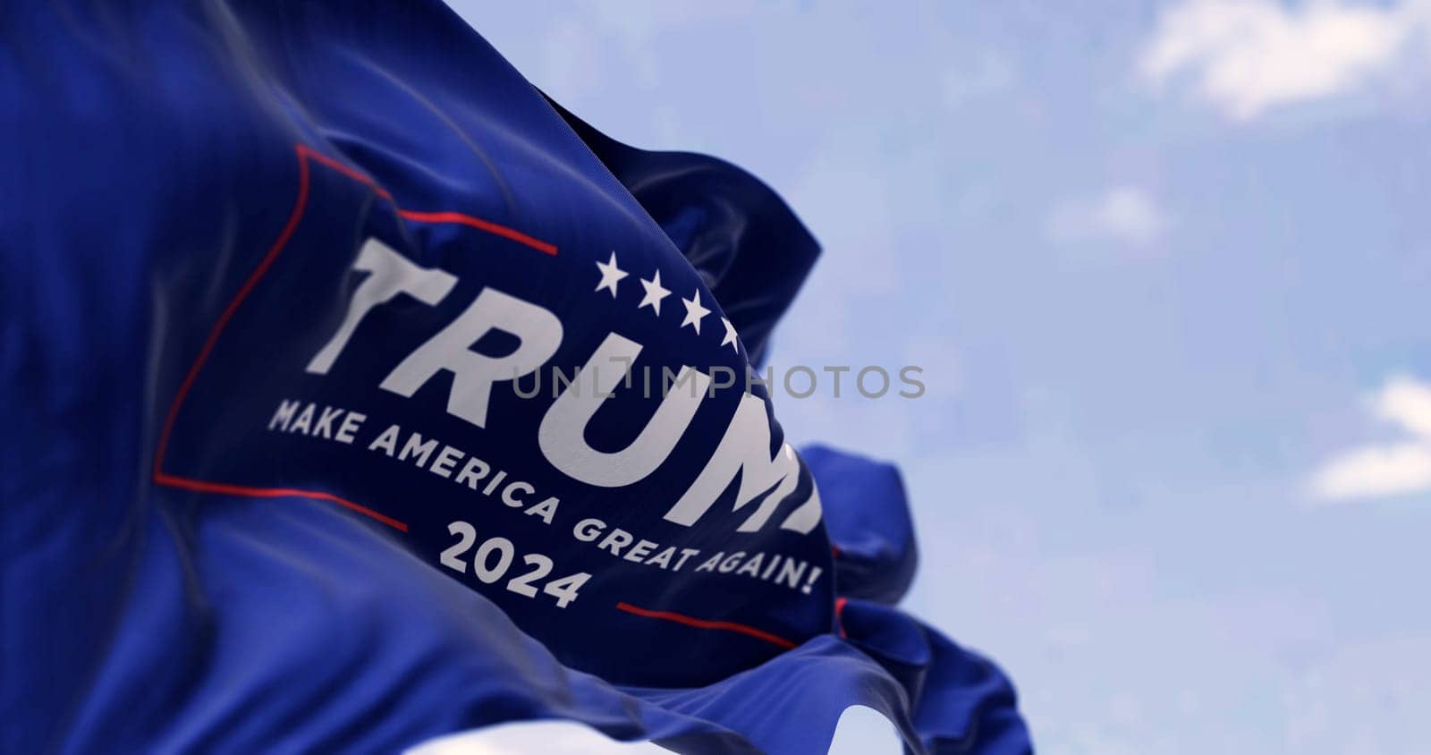 Arlington, US, July 21 2023: Close-up of Donald Trump election campaign flag waving. 2024 US presidential election. Illustrative editorial 3d illustration render