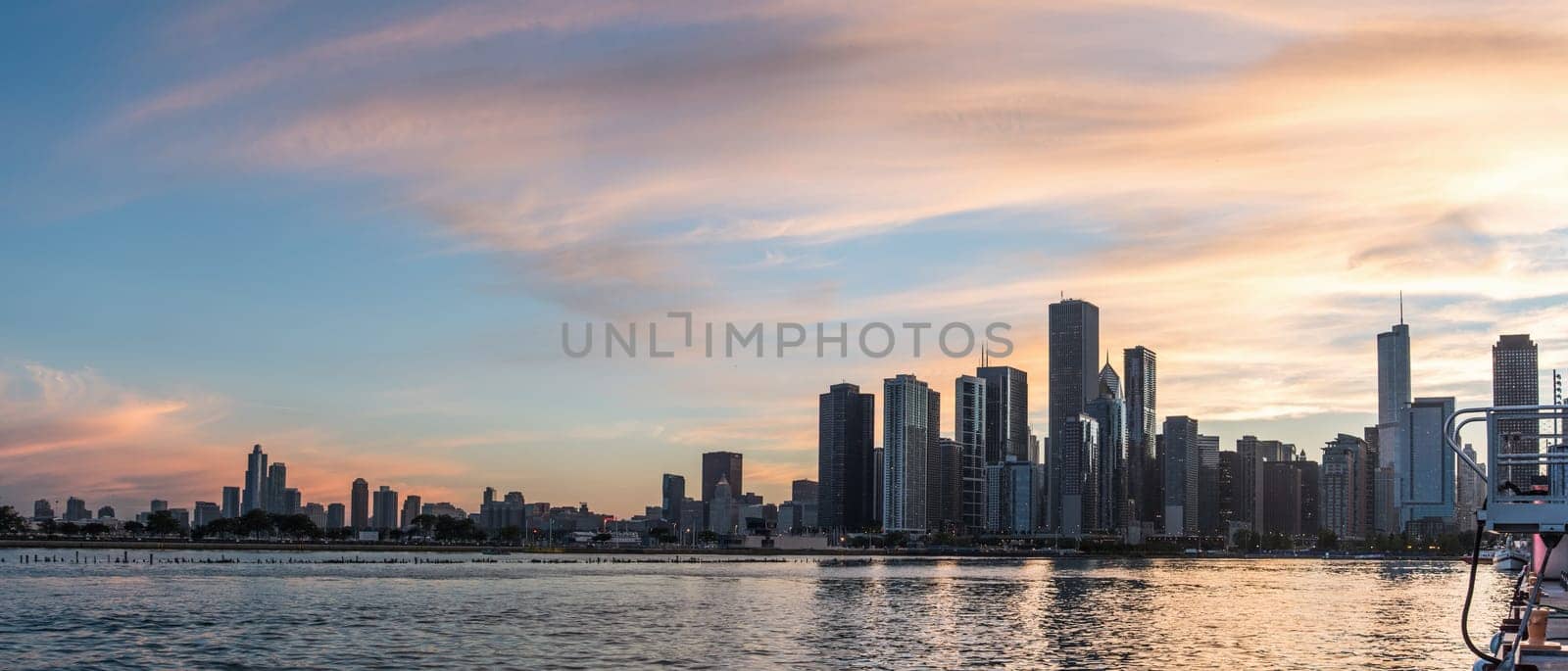 Sunset over the skyline of Chicago, from Navy Pier, USA