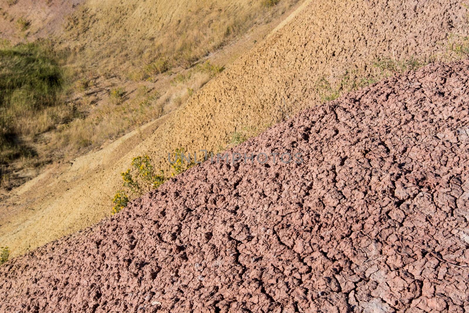 Fascinating colorful hills along the road leading through Badlands National Park, USA
