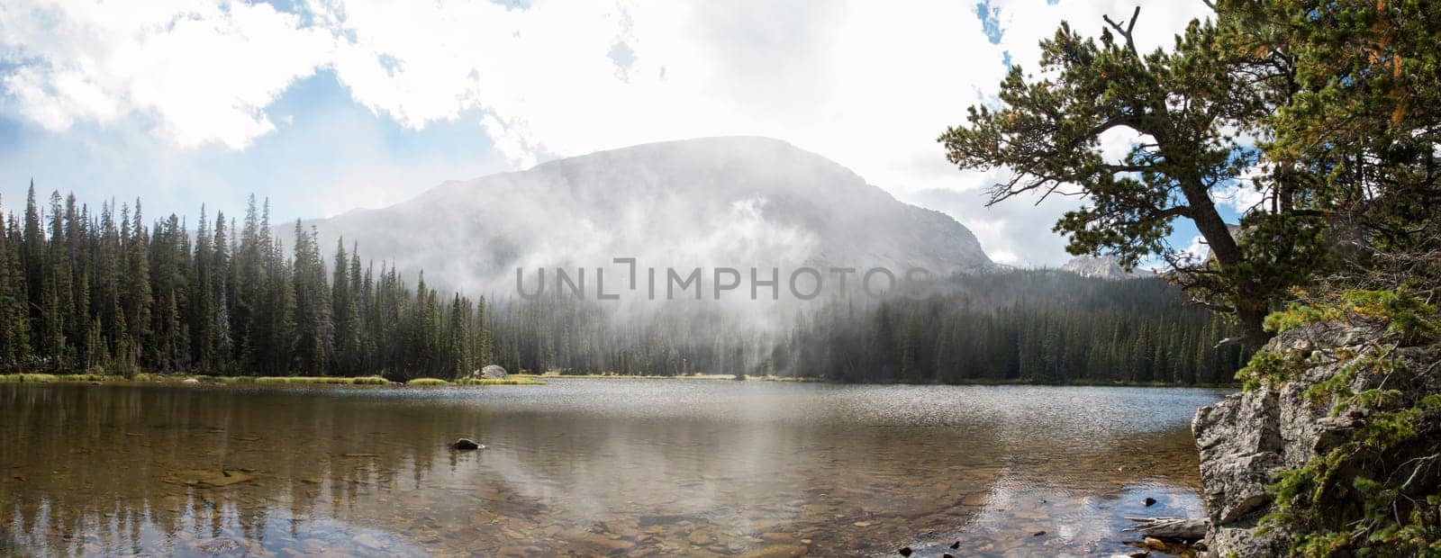 Calm lake Spruce in the middle of the Rocky Mountains NP, USA