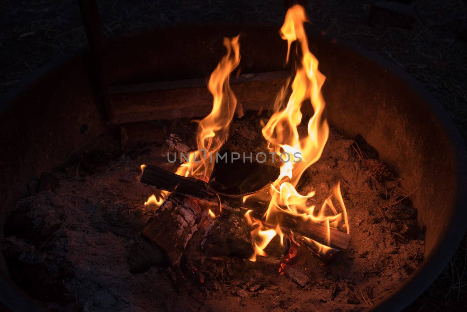 Campfire at an American campground at night