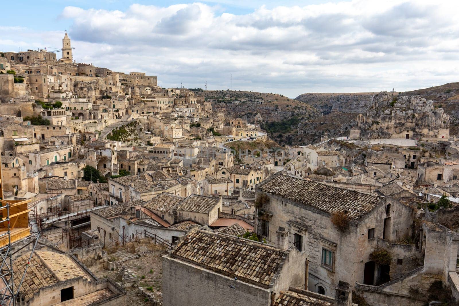 View of the Sassi di Matera a historic district in the city of Matera, well-known for their ancient cave dwellings. Basilicata. Italy