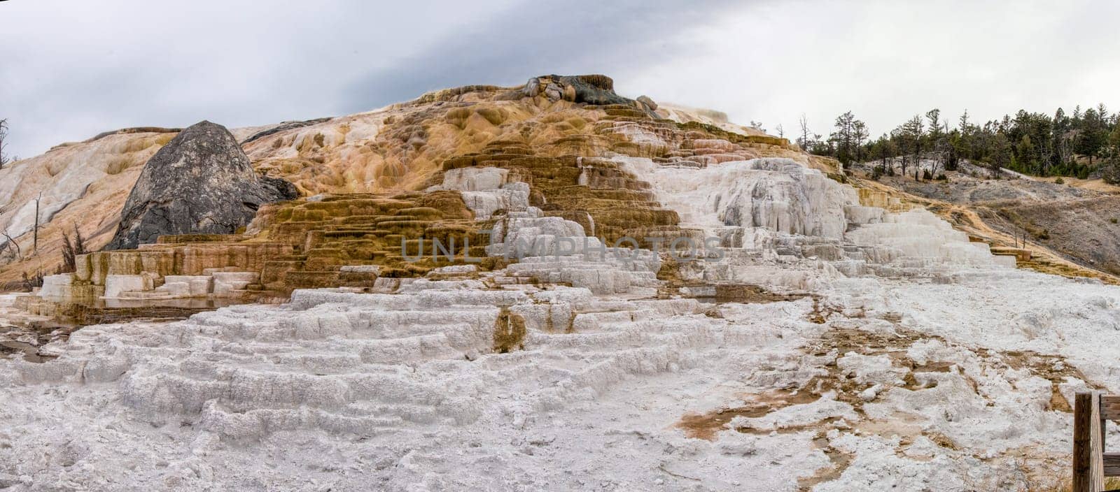 Scenic lifeless calcium terraces at Mammoth Hot Springs, Yellowstone National Park, USA